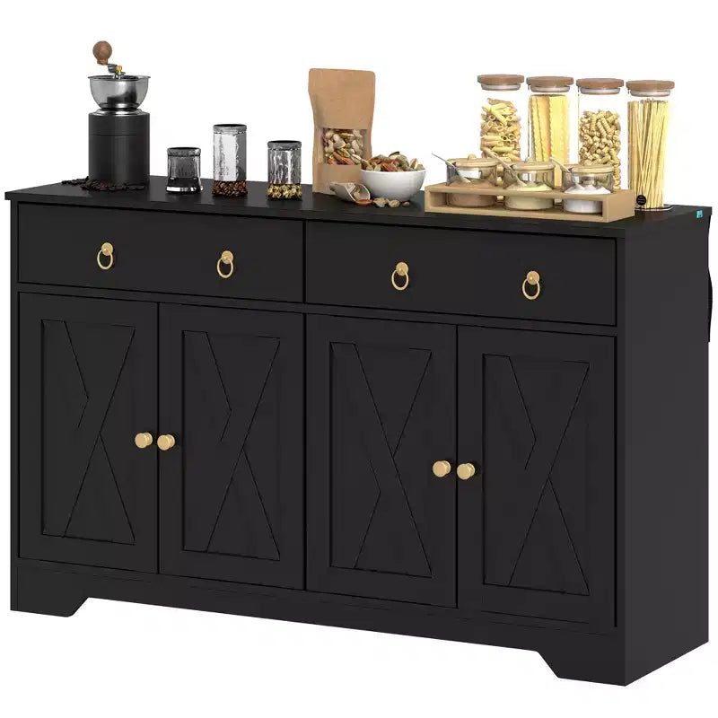 Buffet de cuisine de style campagnard avec portes coulissantes, 2 tiroirs et étagères réglables