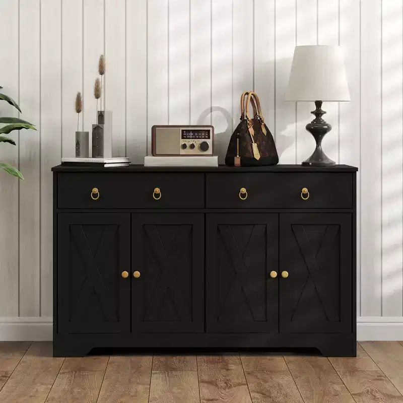Buffet de cuisine de style campagnard avec portes coulissantes, 2 tiroirs et étagères réglables