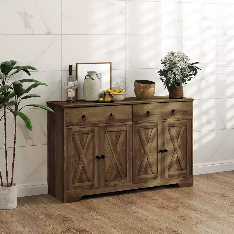 Buffet de cuisine de style campagnard avec portes coulissantes, 2 tiroirs et étagères réglables
