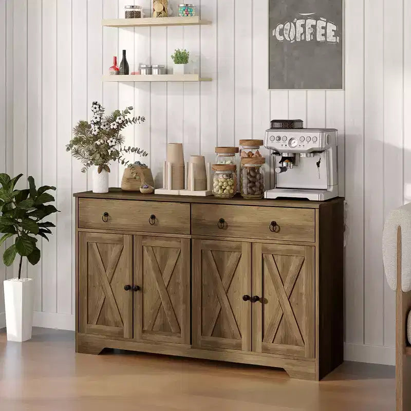 Buffet de cuisine de style campagnard avec portes coulissantes, 2 tiroirs et étagères réglables