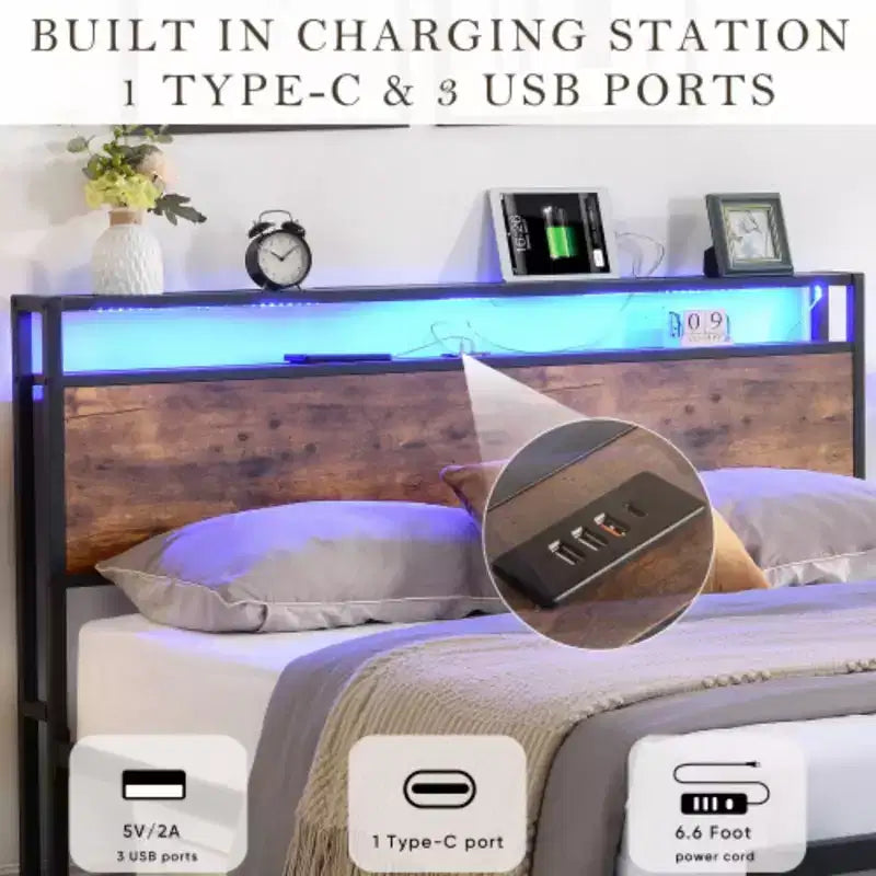 Cadre de lit double en métal avec rangement, lumières LED, recharge, pas besoin de sommier tapissier