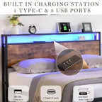 Cadre de lit double en métal avec rangement, lumières LED, recharge, pas besoin de sommier tapissier
