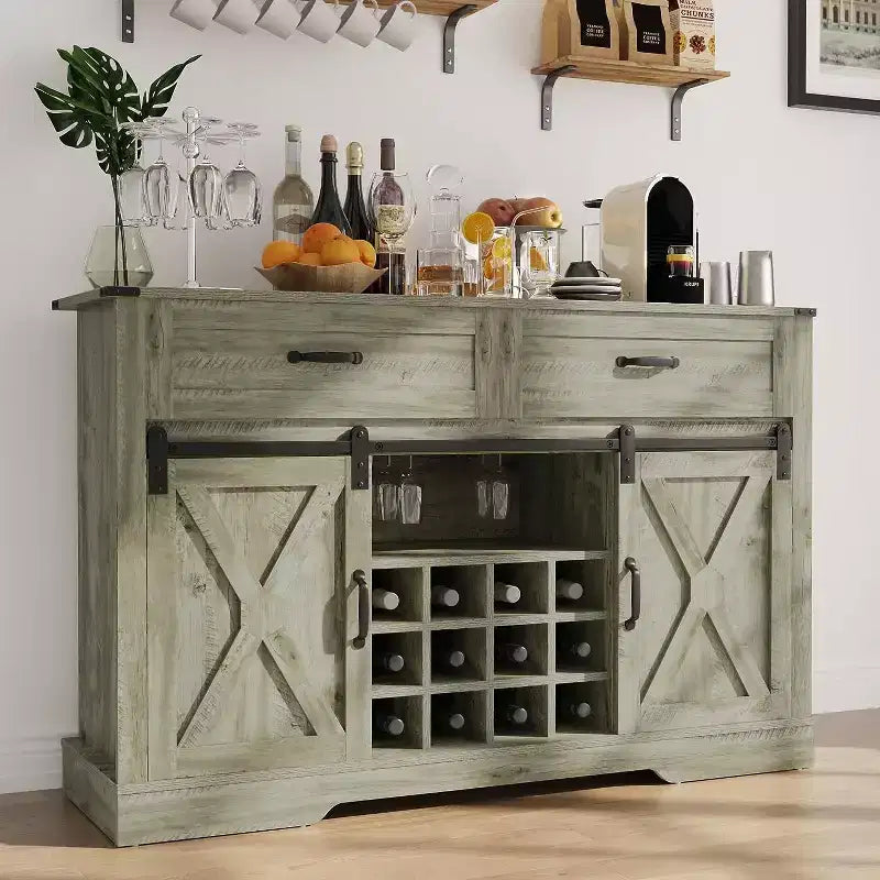 Buffet de ferme avec porte de grange, casier à vin et étagères de rangement