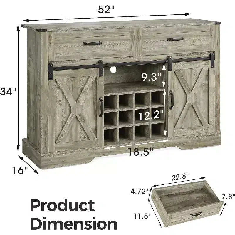 Buffet de ferme avec porte de grange, casier à vin et étagères de rangement