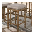 Lot de 2 tabourets de bar rembourrés en tissu – Chêne vieilli et beige