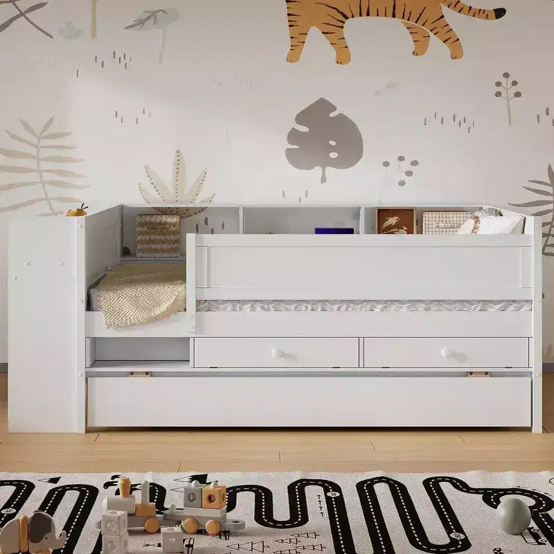 Lit de repos multifonctionnel double avec tiroirs et lit gigogne, rangement de tête de lit, table et station de chargement USB