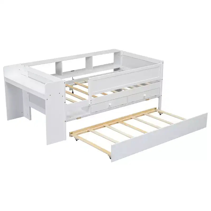 Lit de repos multifonctionnel double avec tiroirs et lit gigogne, rangement de tête de lit, table et station de chargement USB
