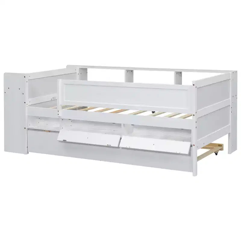 Lit de repos multifonctionnel double avec tiroirs et lit gigogne, rangement de tête de lit, table et station de chargement USB
