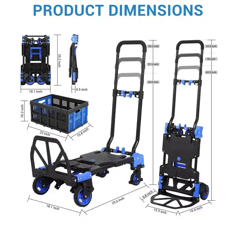 Diable Chariot Pliable 2 en 1 – Capacité de 150 kg, Panier et 4 Roues