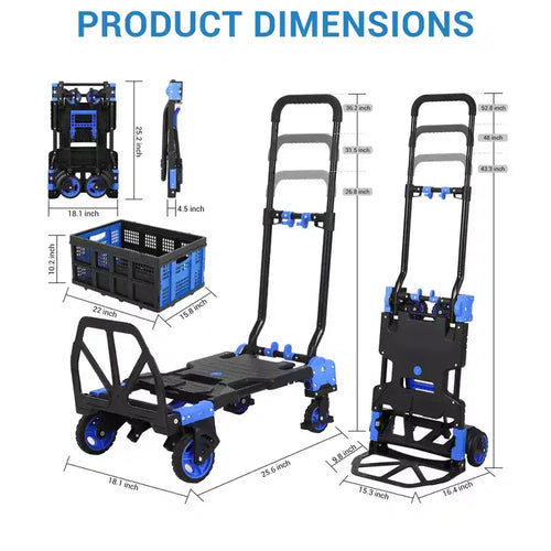 Diable Chariot Pliable 2 en 1 – Capacité de 150 kg, Panier et 4 Roues