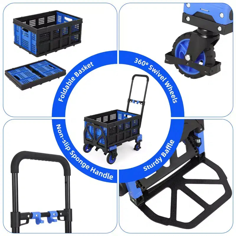 Diable Chariot Pliable 2 en 1 – Capacité de 150 kg, Panier et 4 Roues