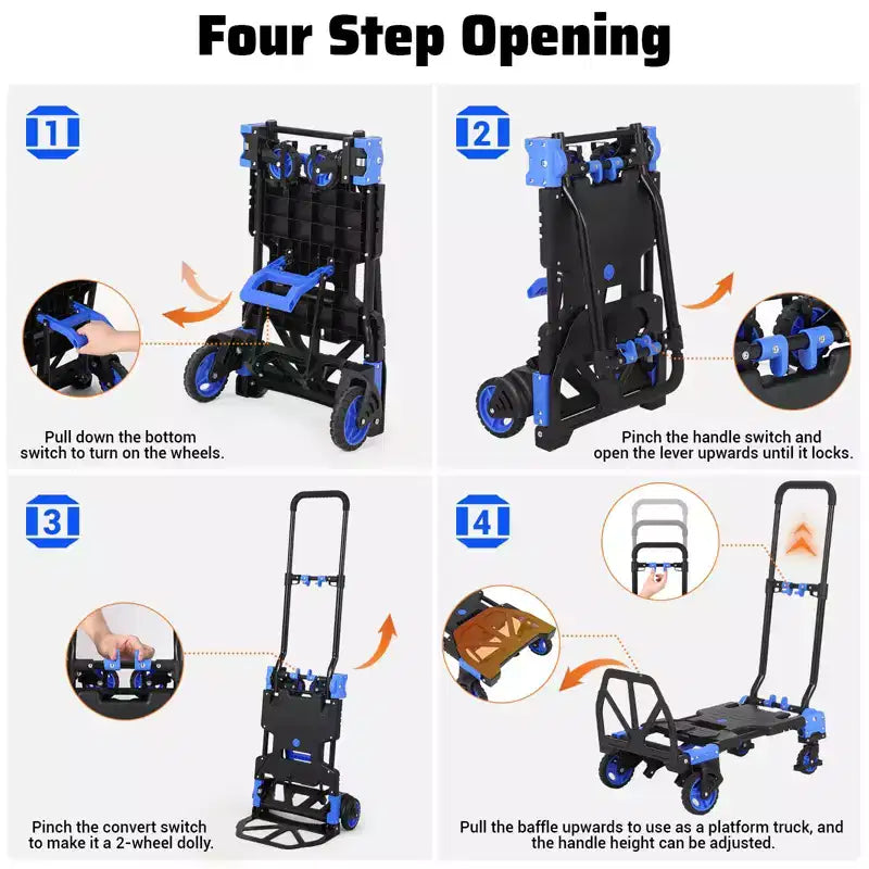 Diable Chariot Pliable 2 en 1 – Capacité de 150 kg, Panier et 4 Roues