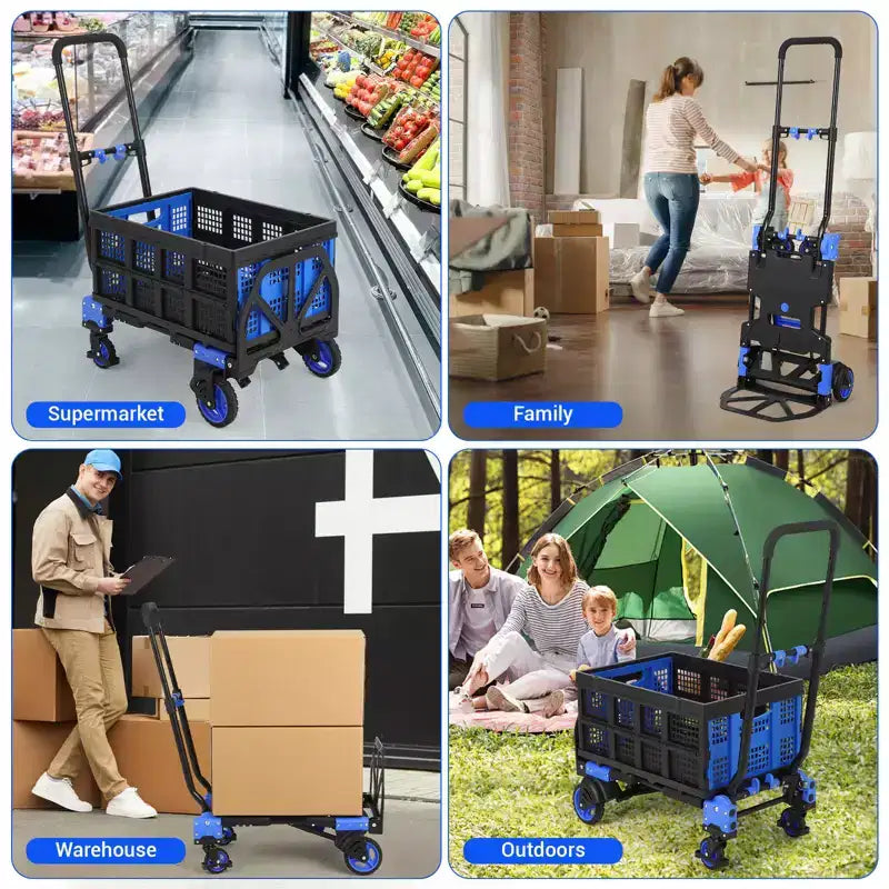 Diable Chariot Pliable 2 en 1 – Capacité de 150 kg, Panier et 4 Roues