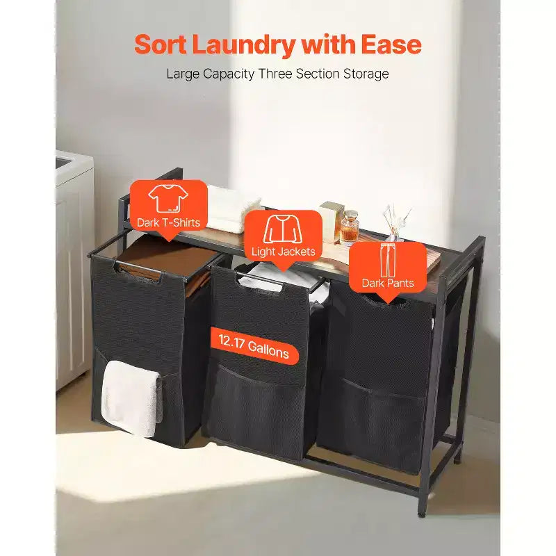 Trieur à linge 3 sections avec cadre en métal et plateau en bois – Noir