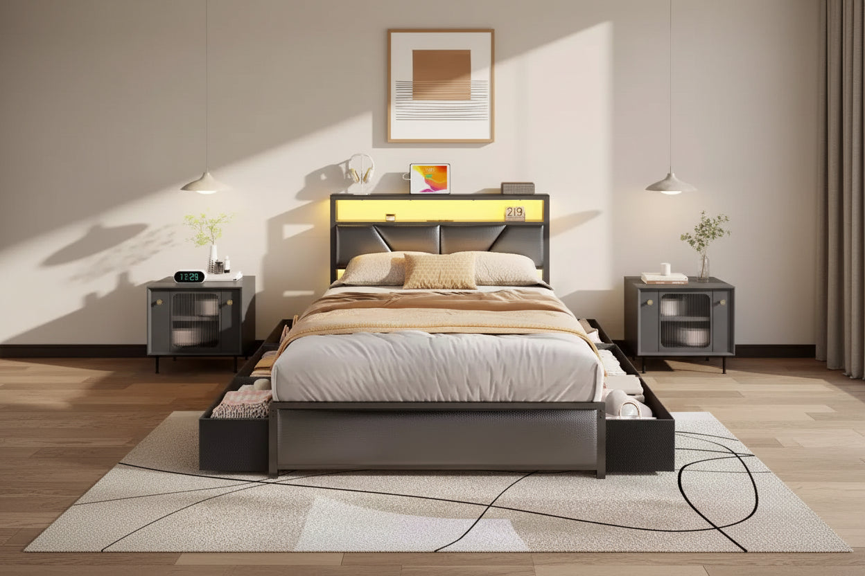 Qwatto Full Size Storage Bed Frame with 6 Drawers Charging Station LED Lights PU Leather Upholstered Headboard Platform Metal No Box Spring Needed