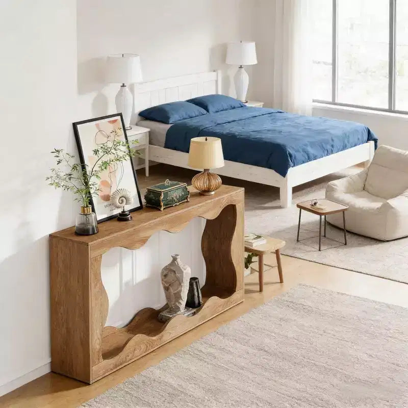 Console moderne de 63 po avec motif ondulé, table étroite pour entrée, table de canapé à 2 niveaux pour salon ou couloir - Panipeachy