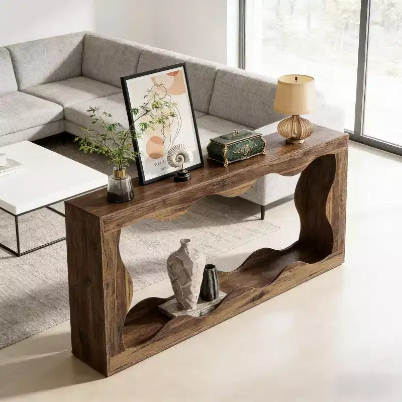 Console moderne de 63 po avec motif ondulé, table étroite pour entrée, table de canapé à 2 niveaux pour salon ou couloir - Panipeachy