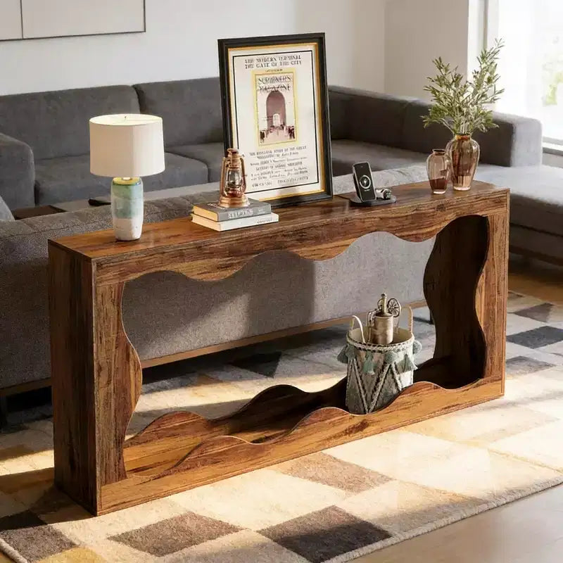 Console moderne de 63 po avec motif ondulé, table étroite pour entrée, table de canapé à 2 niveaux pour salon ou couloir - Panipeachy