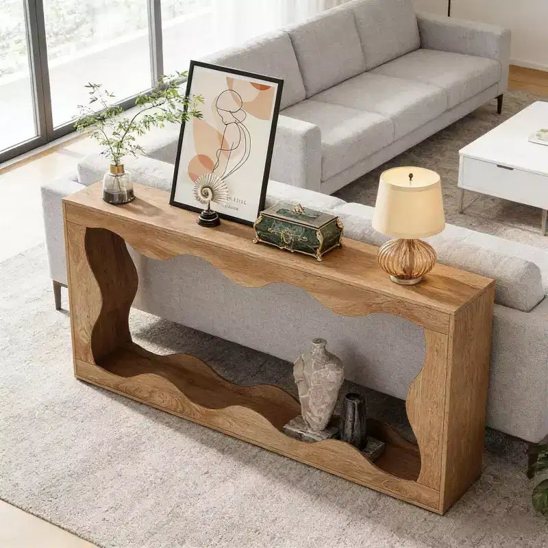 Console moderne de 63 po avec motif ondulé, table étroite pour entrée, table de canapé à 2 niveaux pour salon ou couloir - Panipeachy
