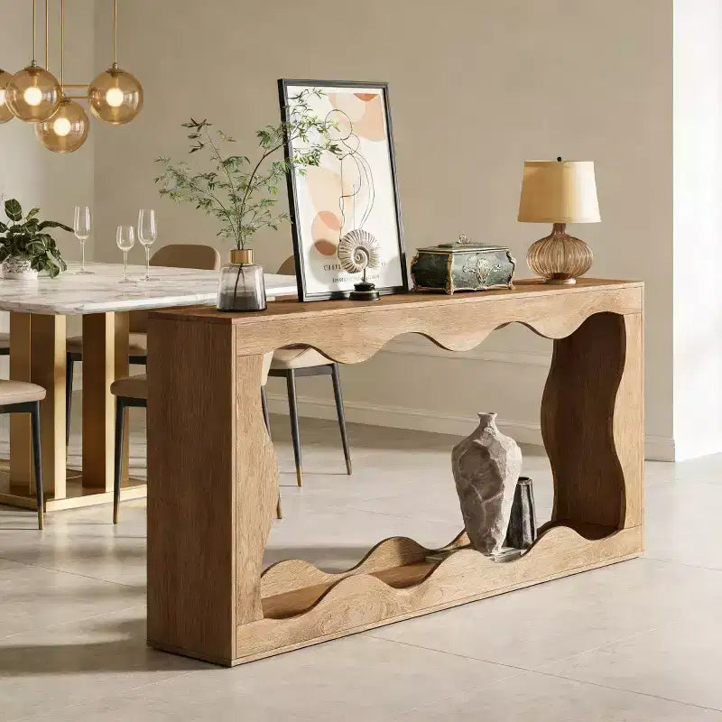 Console moderne de 63 po avec motif ondulé, table étroite pour entrée, table de canapé à 2 niveaux pour salon ou couloir - Panipeachy