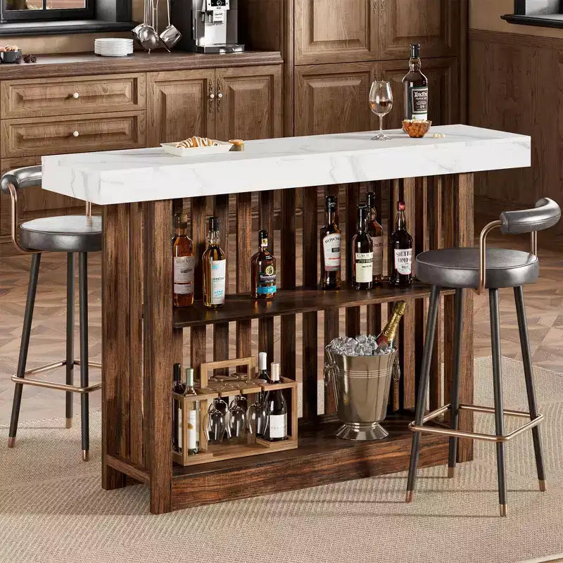 Table de bar comptoir moderne de 63 po avec étagères de rangement à 2 niveaux - Table de salle à manger robuste pour restaurant, bistrot ou salon - 4-8 places assises