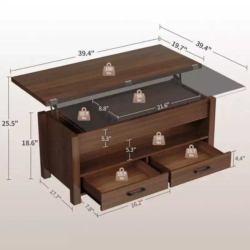 Table basse élévatrice 40 po avec tiroirs et compartiment caché – Se transforme en table à manger