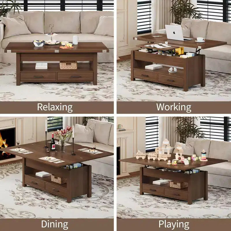 Table basse élévatrice 40 po avec tiroirs et compartiment caché – Se transforme en table à manger