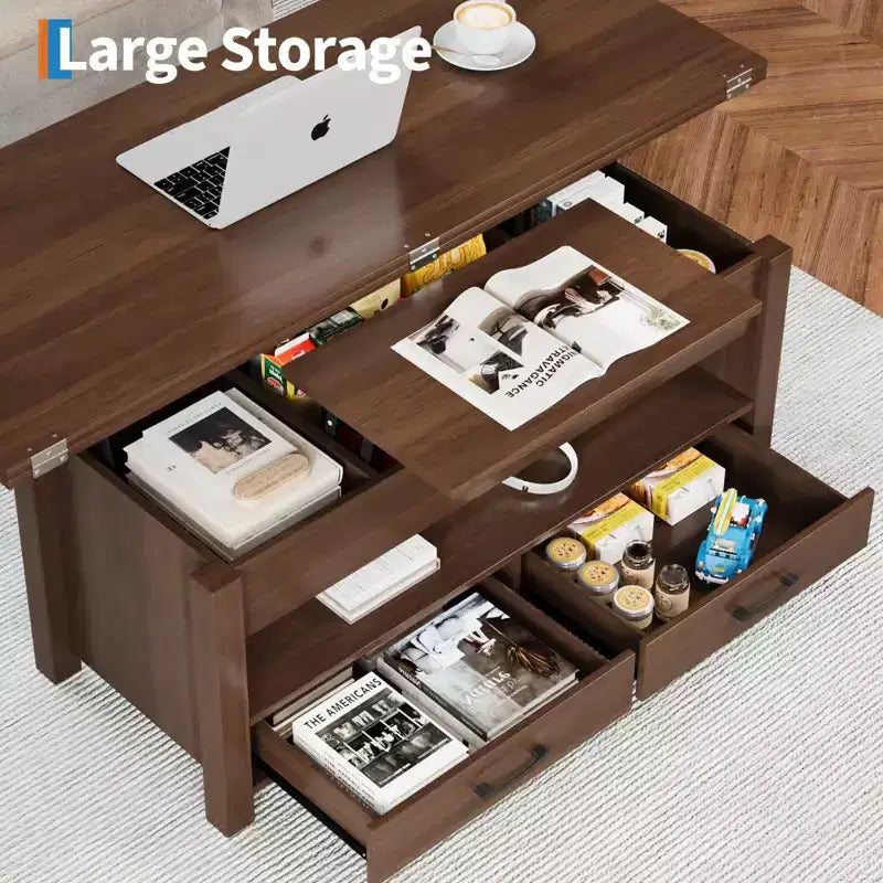 Table basse élévatrice 40 po avec tiroirs et compartiment caché – Se transforme en table à manger