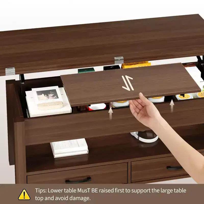 Table basse élévatrice 40 po avec tiroirs et compartiment caché – Se transforme en table à manger