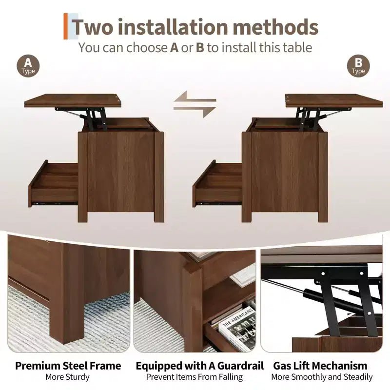 Table basse élévatrice 40 po avec tiroirs et compartiment caché – Se transforme en table à manger