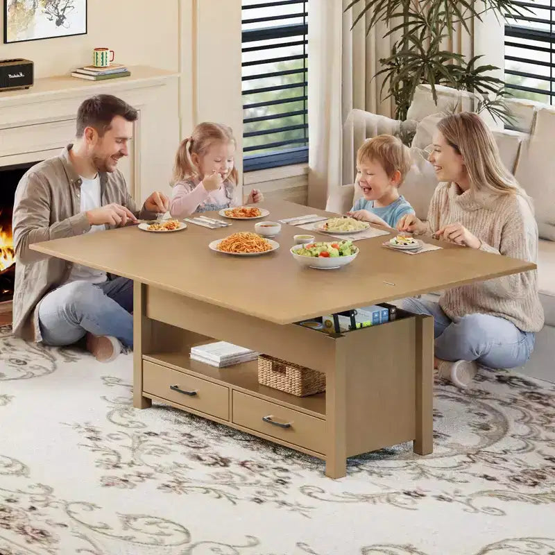 Table basse élévatrice 40 po avec tiroirs et compartiment caché – Se transforme en table à manger