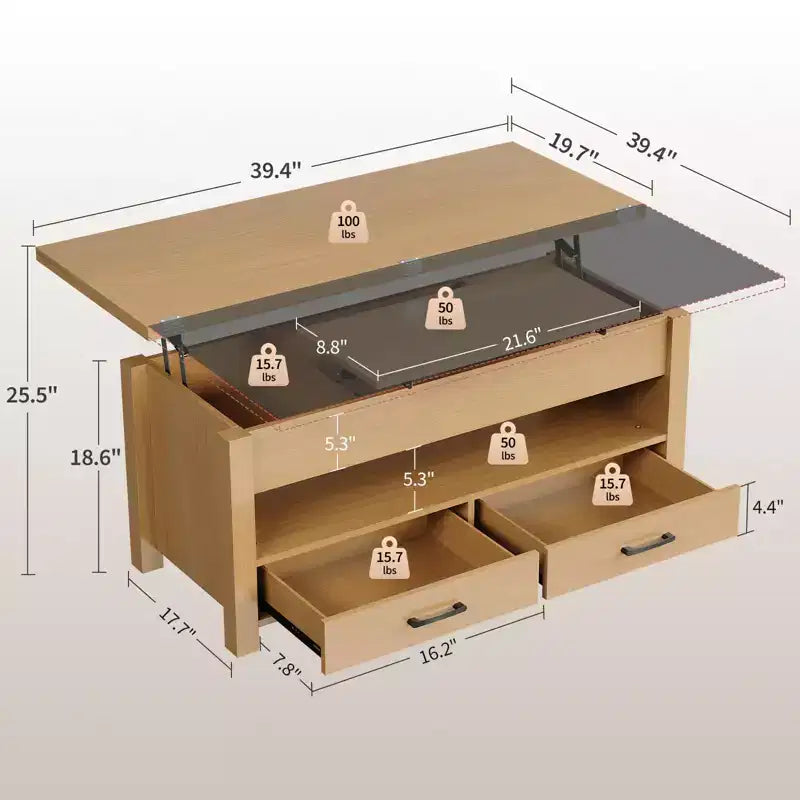 Table basse élévatrice 40 po avec tiroirs et compartiment caché – Se transforme en table à manger