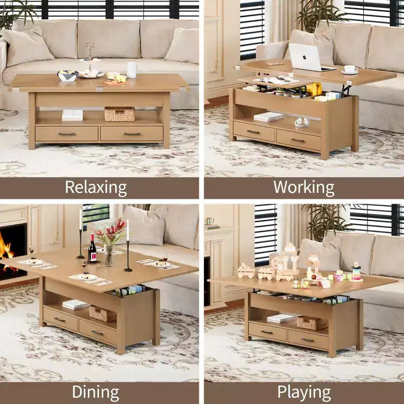 Table basse élévatrice 40 po avec tiroirs et compartiment caché – Se transforme en table à manger