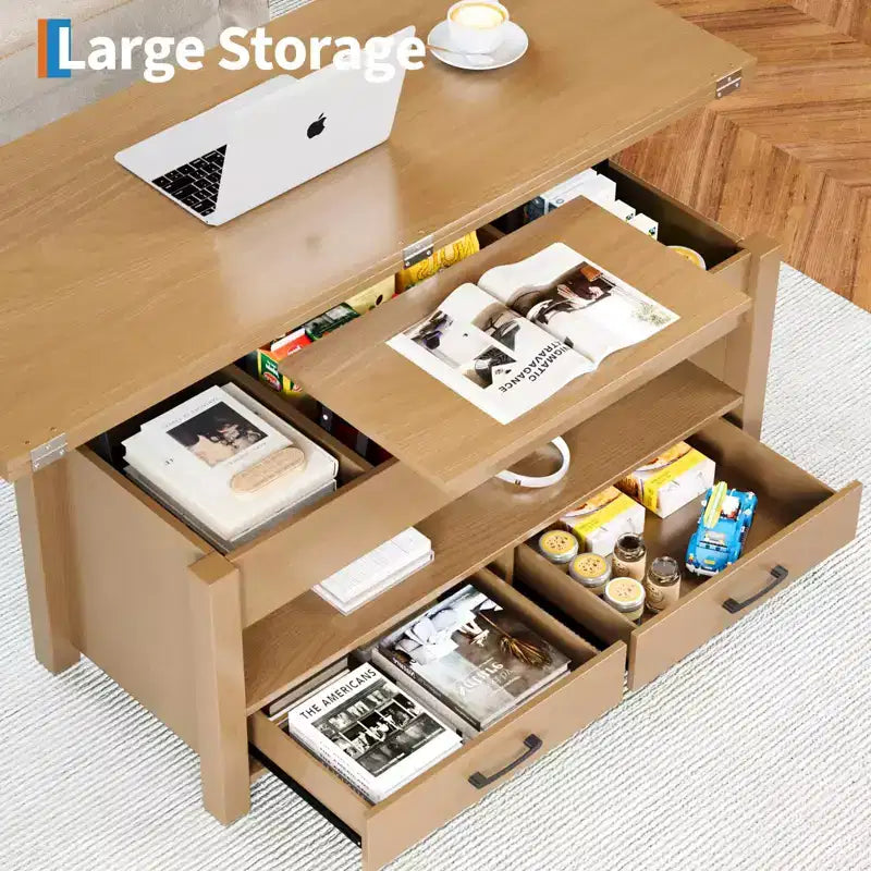 Table basse élévatrice 40 po avec tiroirs et compartiment caché – Se transforme en table à manger