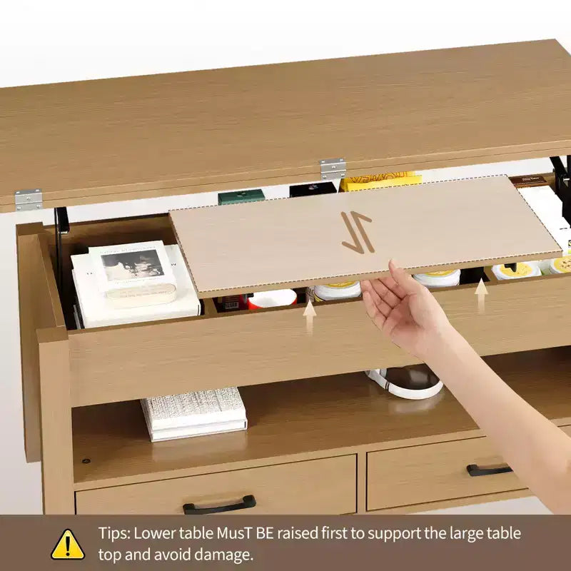 Table basse élévatrice 40 po avec tiroirs et compartiment caché – Se transforme en table à manger