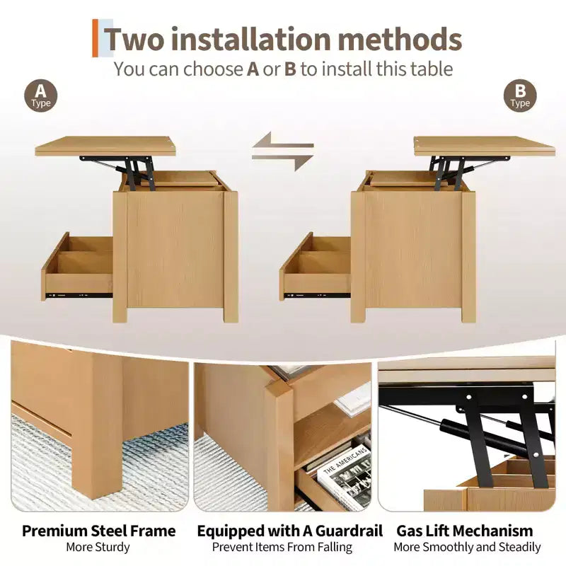 Table basse élévatrice 40 po avec tiroirs et compartiment caché – Se transforme en table à manger