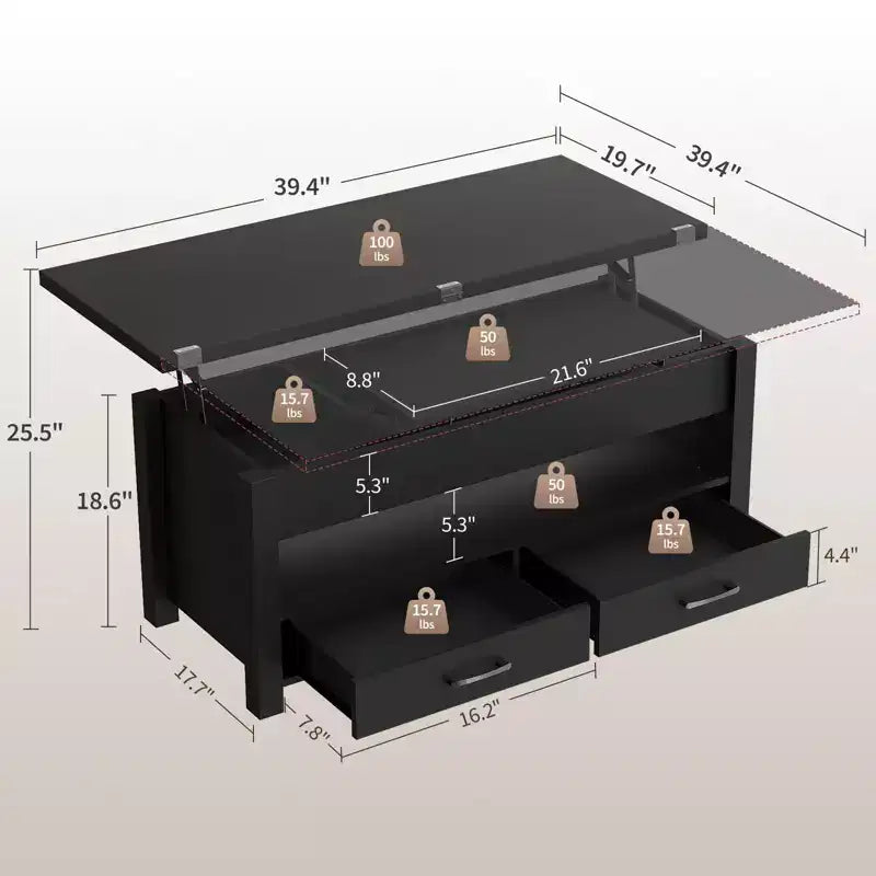 Table basse élévatrice 40 po avec tiroirs et compartiment caché – Se transforme en table à manger
