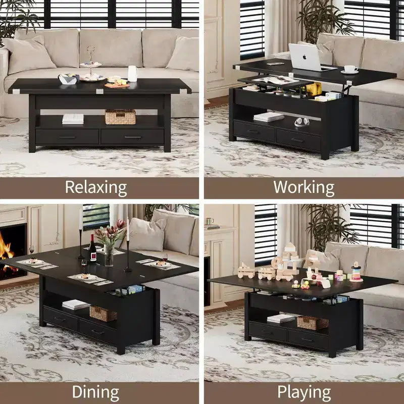 Table basse élévatrice 40 po avec tiroirs et compartiment caché – Se transforme en table à manger