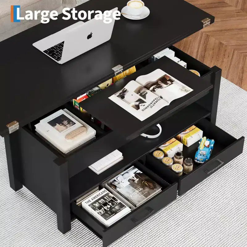 Table basse élévatrice 40 po avec tiroirs et compartiment caché – Se transforme en table à manger
