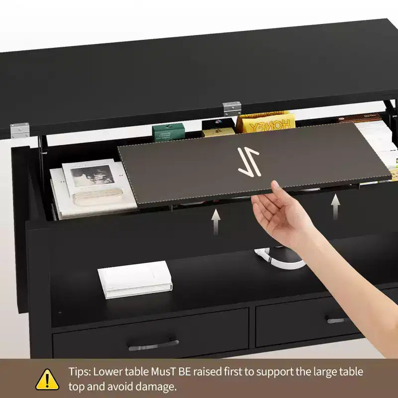 Table basse élévatrice 40 po avec tiroirs et compartiment caché – Se transforme en table à manger