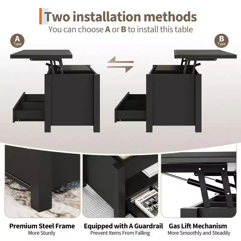 Table basse élévatrice 40 po avec tiroirs et compartiment caché – Se transforme en table à manger