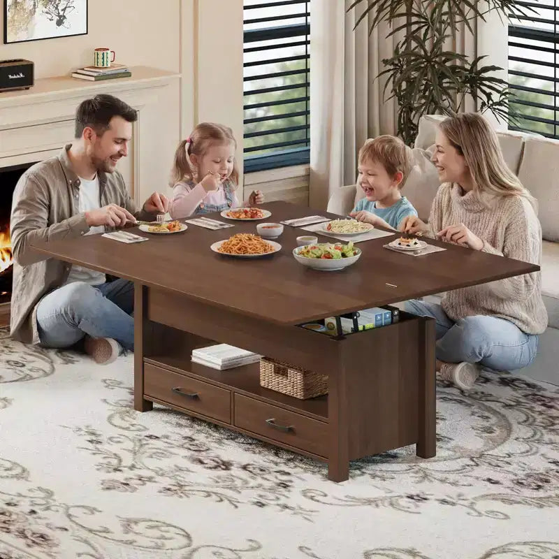 Table basse élévatrice 40 po avec tiroirs et compartiment caché – Se transforme en table à manger