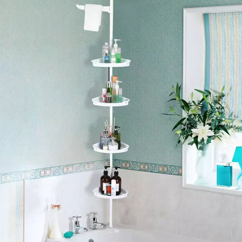 Étagère d'angle de salle de bain, étagère réglable à quatre niveaux, étagère de douche antirouille, support de baignoire autoportant, avec tringle télescopique