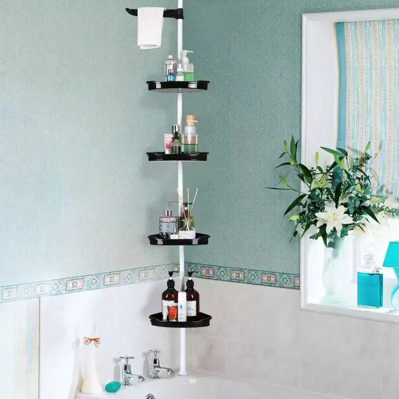 Étagère d'angle de salle de bain, étagère réglable à quatre niveaux, étagère de douche antirouille, support de baignoire autoportant, avec tringle télescopique