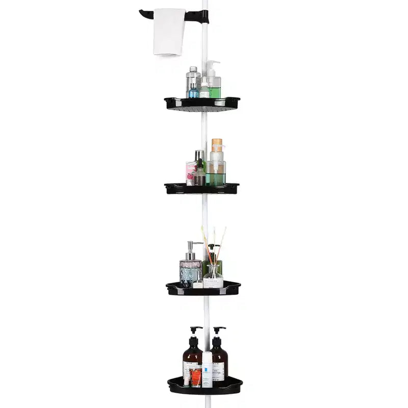 Étagère d'angle de salle de bain, étagère réglable à quatre niveaux, étagère de douche antirouille, support de baignoire autoportant, avec tringle télescopique