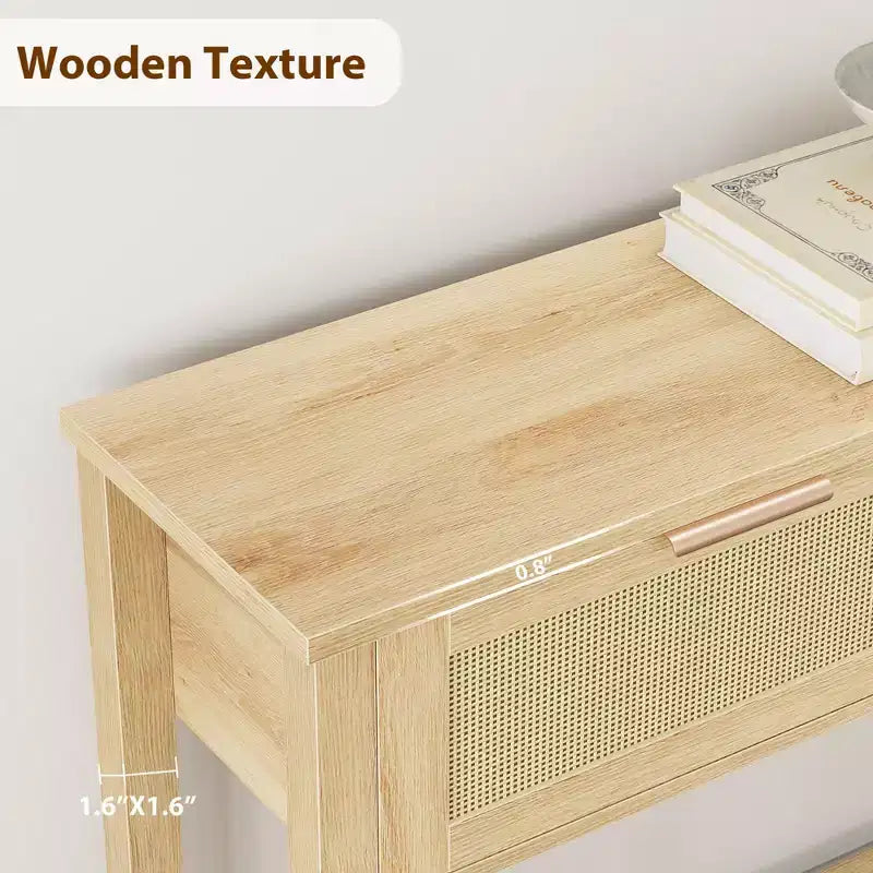 Table d'appoint bohème en rotin à deux tiroirs avec étagère de rangement en bois à double couche, meuble décoratif pour entrée/vestibule, couleur bois naturel.