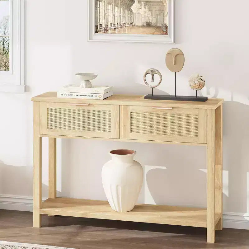 Table d'appoint bohème en rotin à deux tiroirs avec étagère de rangement en bois à double couche, meuble décoratif pour entrée/vestibule, couleur bois naturel.