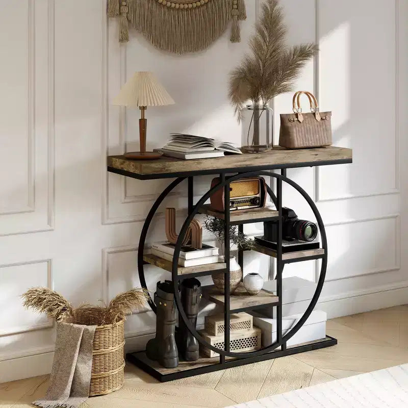 Console industrielle avec étagères de rangement et cadre en acier circulaire – Chêne rustique