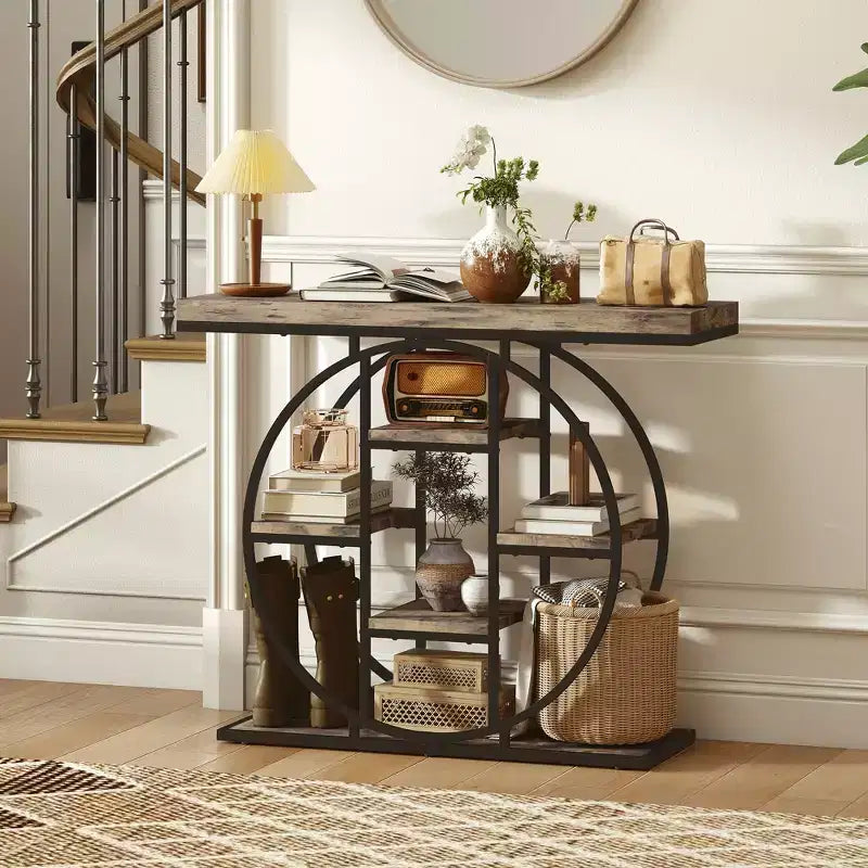 Console industrielle avec étagères de rangement et cadre en acier circulaire – Chêne rustique