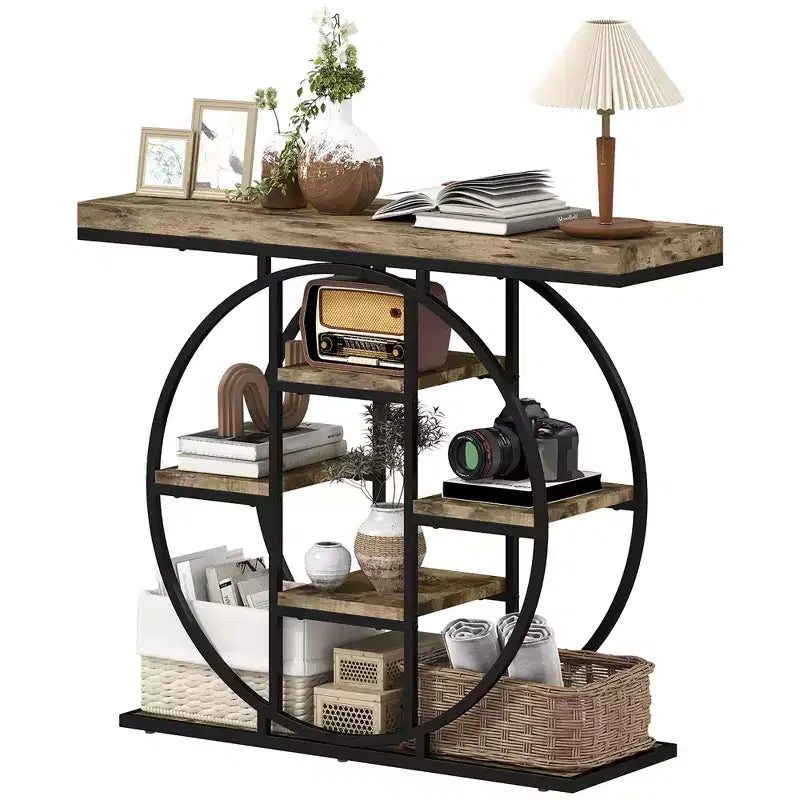 Console industrielle avec étagères de rangement et cadre en acier circulaire – Chêne rustique